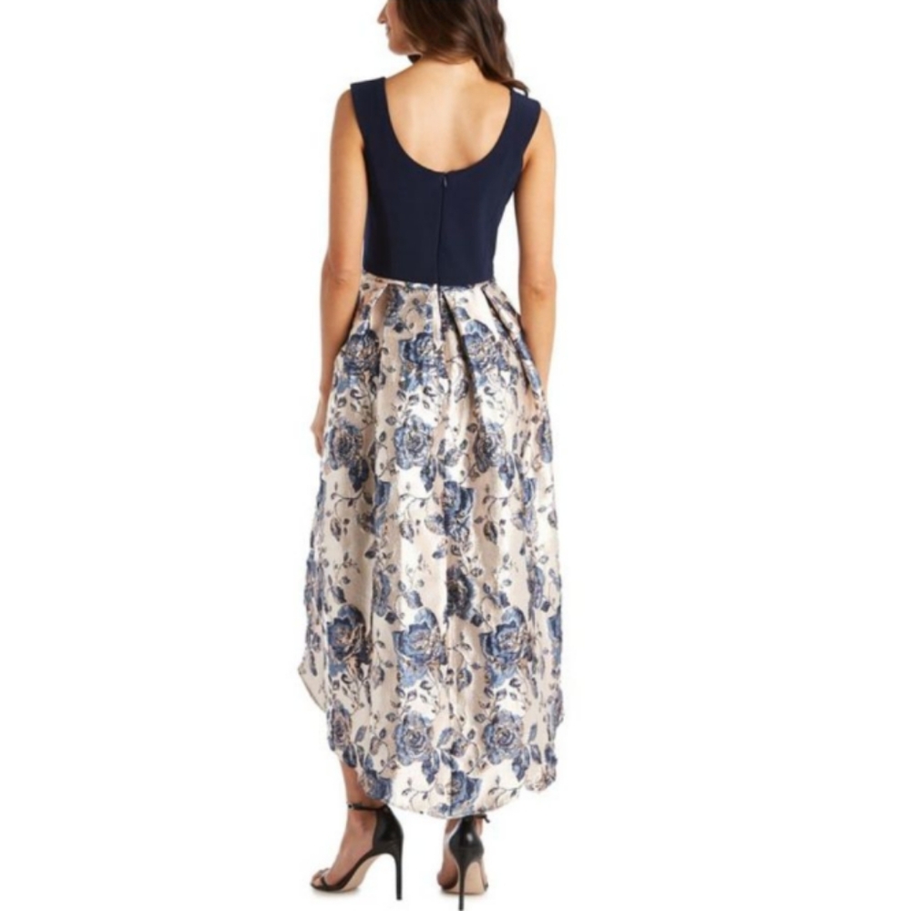 R&M Richards NWT Metallic Floral Brocade High Low Midi Dress Navy Size 12 - Picture 4 of 16